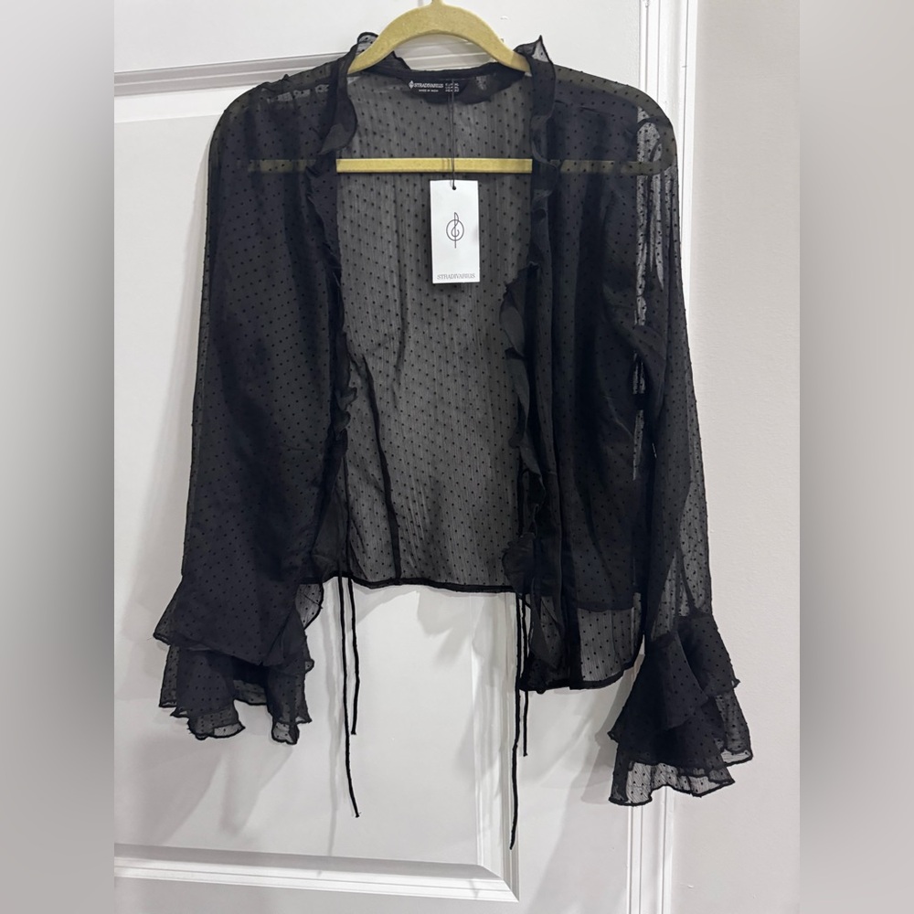 Stradivarius Black Sheer Ruffle Blouse